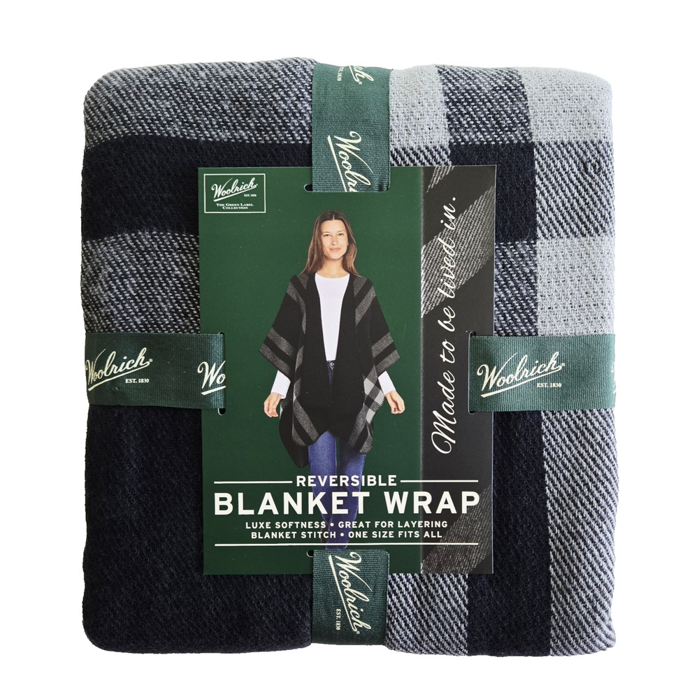 Woolrich Blanket Wrap Women One Size Black Plaid Soft Knit Shawl Cozy Cardigan